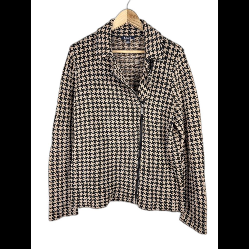 Chaps Houndstooth Full Zip Cotton Sweater Jacket Tan Black Women’s XL Classic
